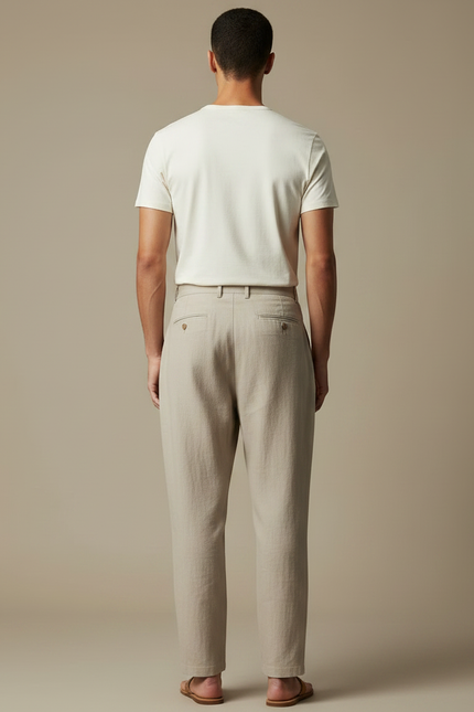 Pantalon Japonais Beige Ample Plissé Coton Lin Homme - vue 2
