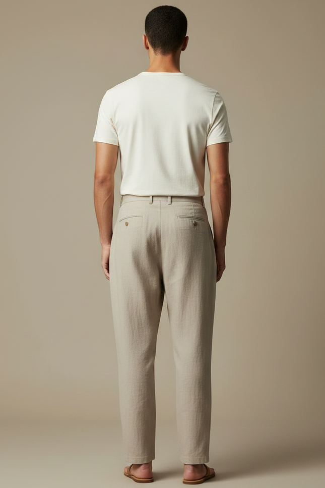 Pantalon Japonais Beige Ample Plissé Coton Lin Homme - vue 2