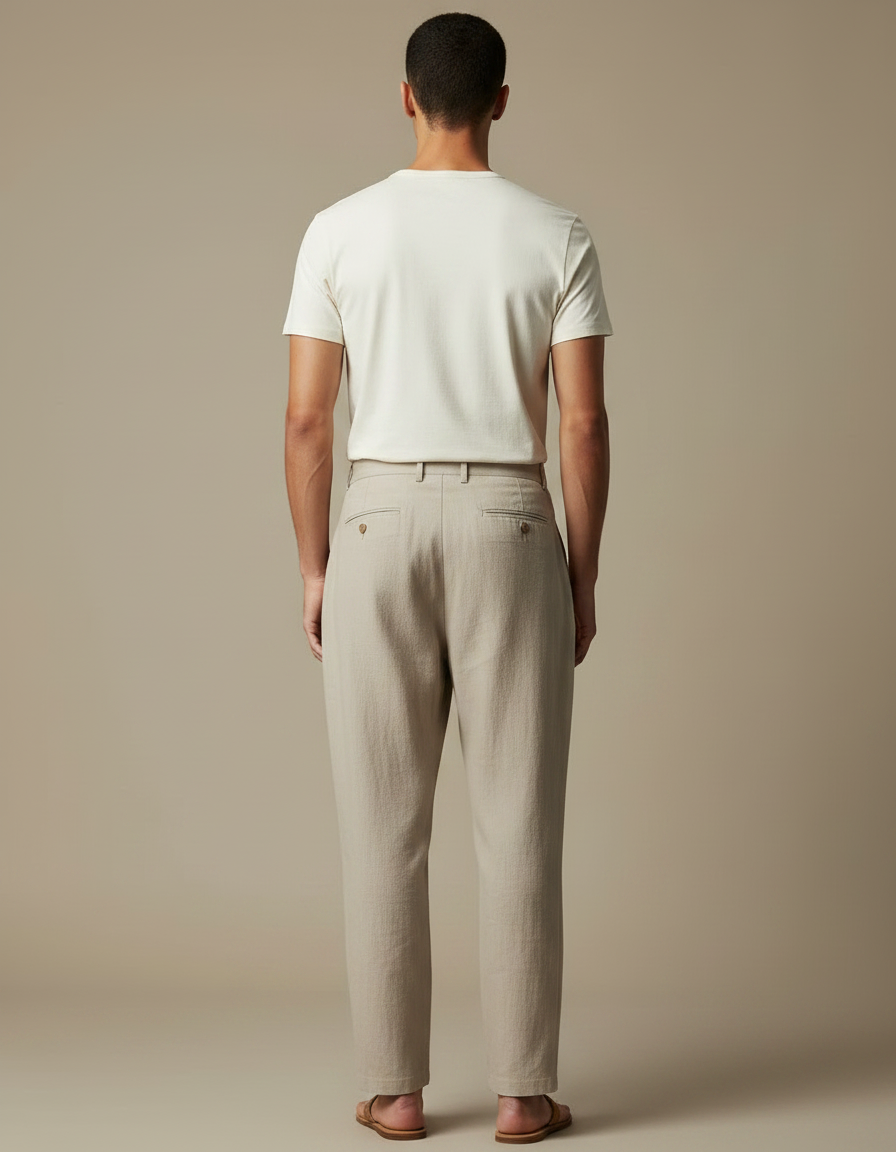 Pantalon Japonais Beige Ample Plissé Coton Lin Homme - vue 2