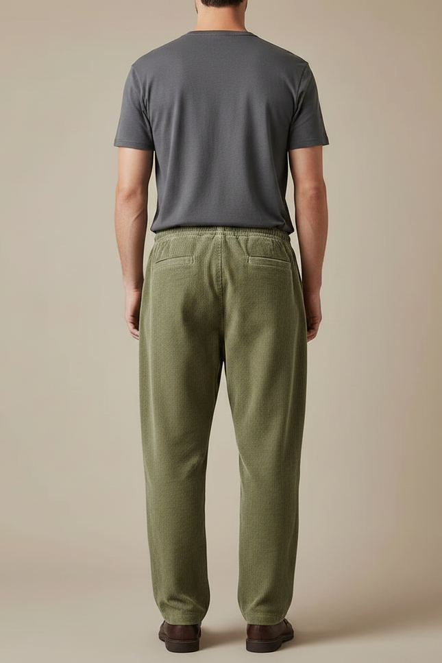 Pantalon Japonais Vert Côtelé Ample Décontracté Homme - Kaki Cordé - vue 2
