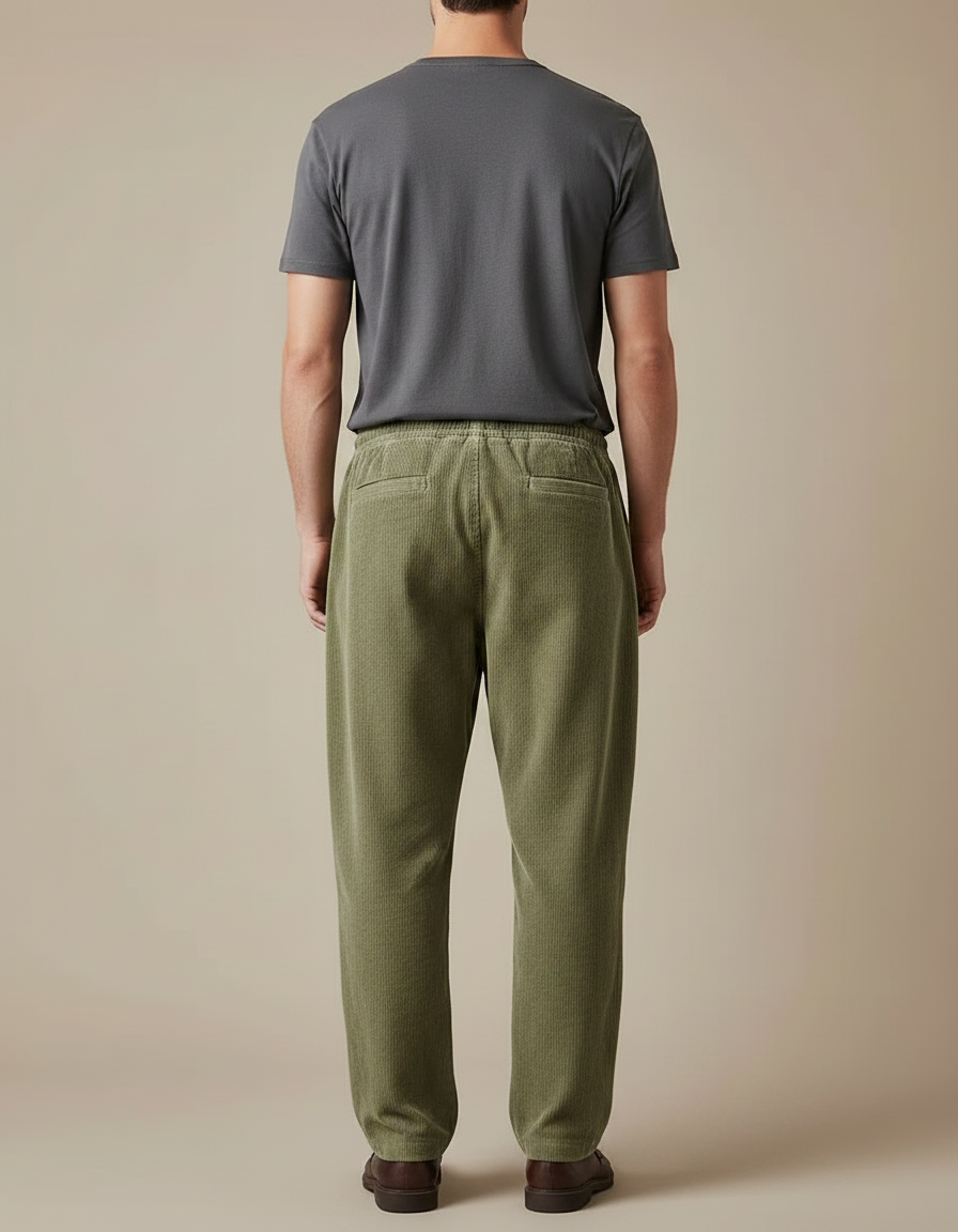 Pantalon Japonais Vert Côtelé Ample Décontracté Homme - Kaki Cordé - vue 2