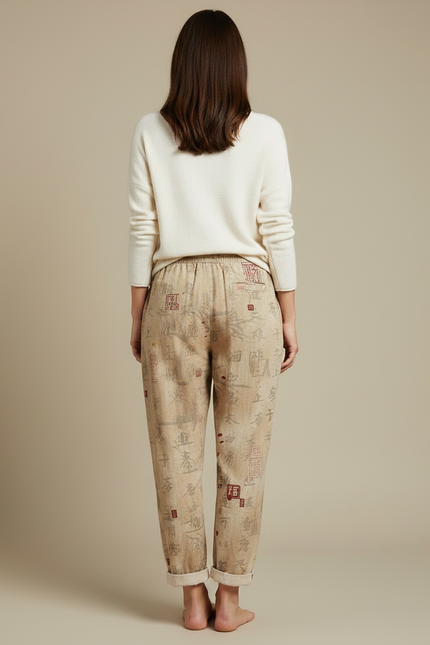 Pantalon Japonais Lin Imprimé Chat Ample Beige - vue 2