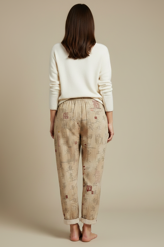 Pantalon Japonais Lin Imprimé Chat Ample Beige - vue 2