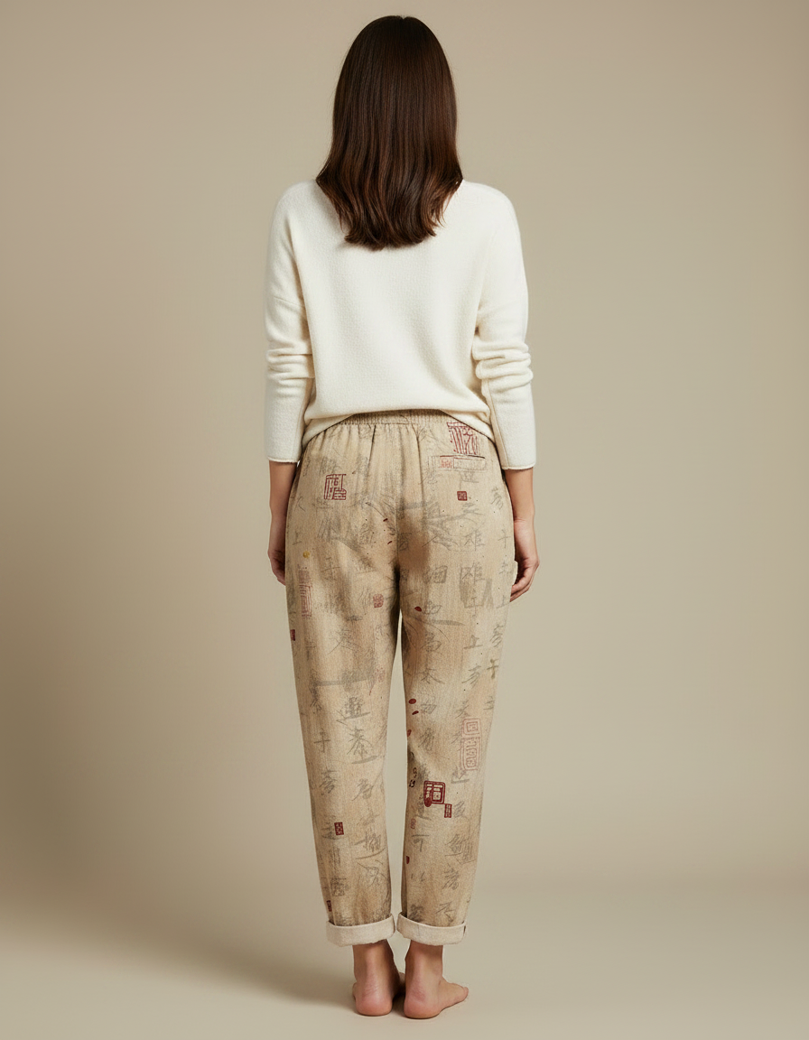 Pantalon Japonais Lin Imprimé Chat Ample Beige - vue 2