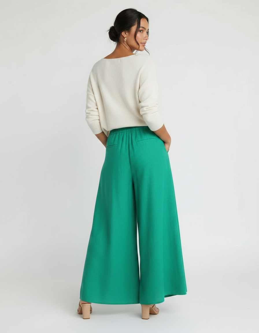 Pantalon Japonais Vert Ample Fluide Taille Élastique - Viscose - vue 2