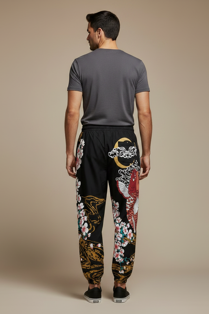 Pantalon Japonais Noir Carpe Sakura Jogger Streetwear Homme - Molleton - vue 2
