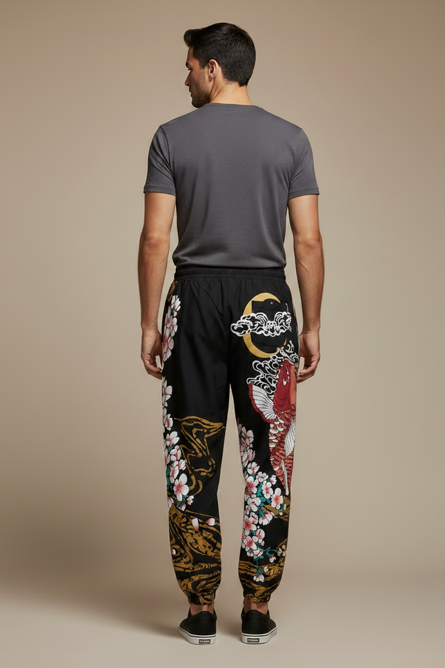 Pantalon Japonais Noir Carpe Sakura Jogger Streetwear Homme - Molleton - vue 2