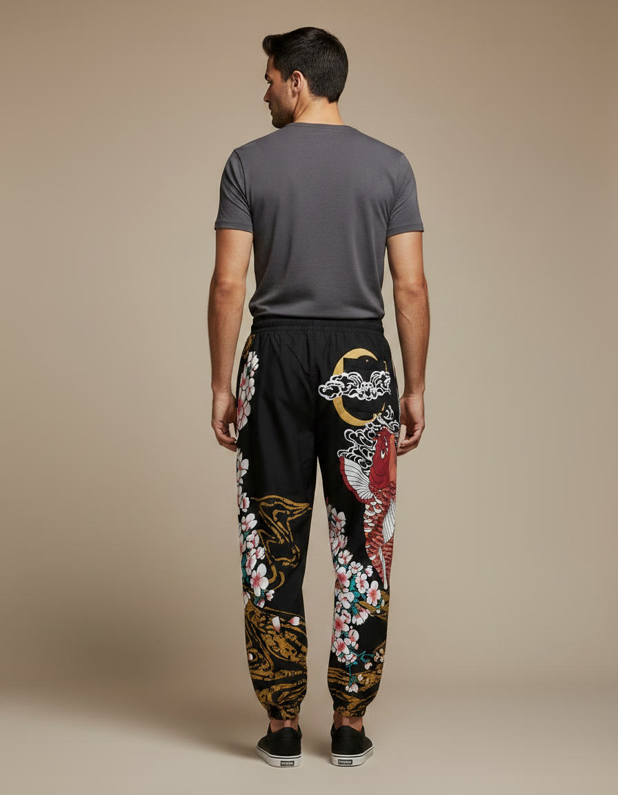 Pantalon Japonais Noir Carpe Sakura Jogger Streetwear Homme - Molleton - vue 2