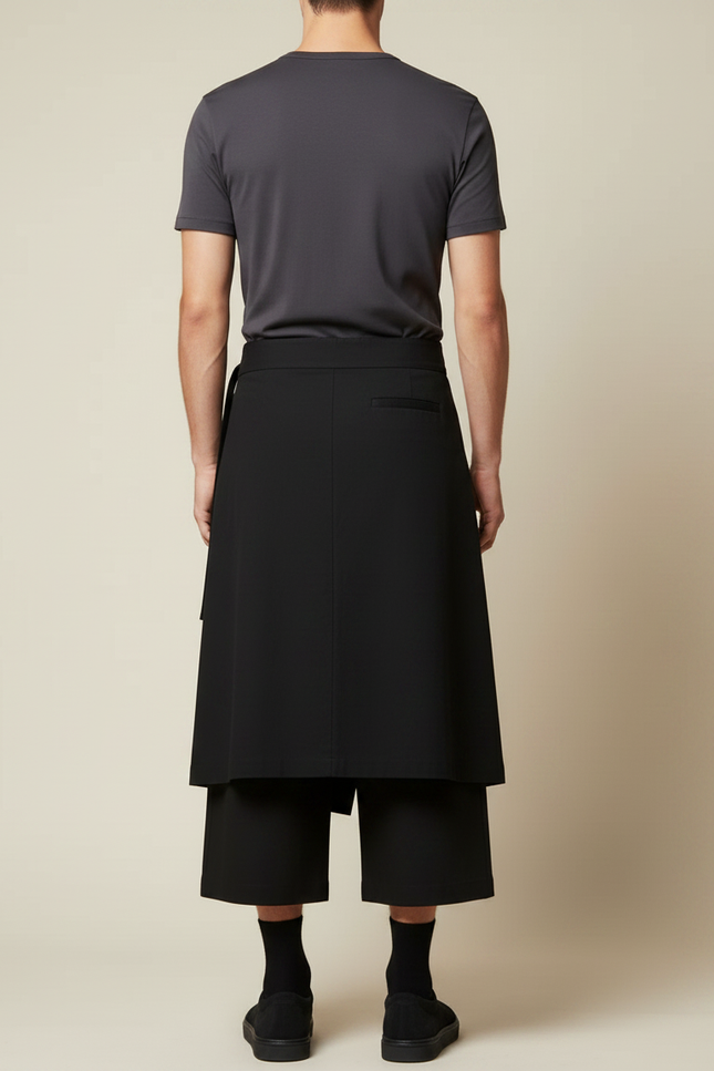 Pantalon Japonais Noir Ample Croisé Ceinturé Coton - vue 2