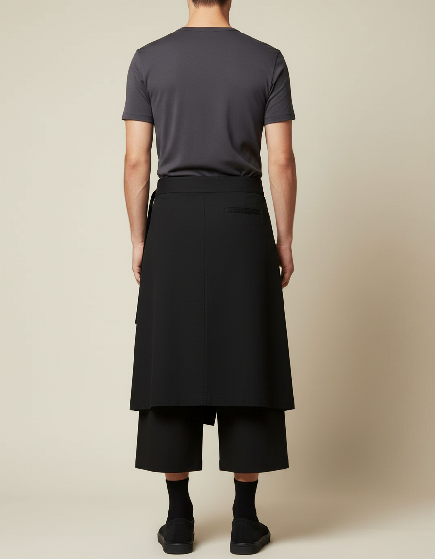 Pantalon Japonais Noir Ample Croisé Ceinturé Coton - vue 2