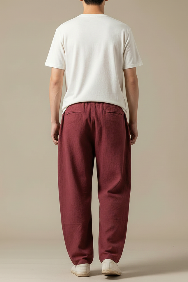 Pantalon Baggy Japonais - Bordeaux Lin - vue 2