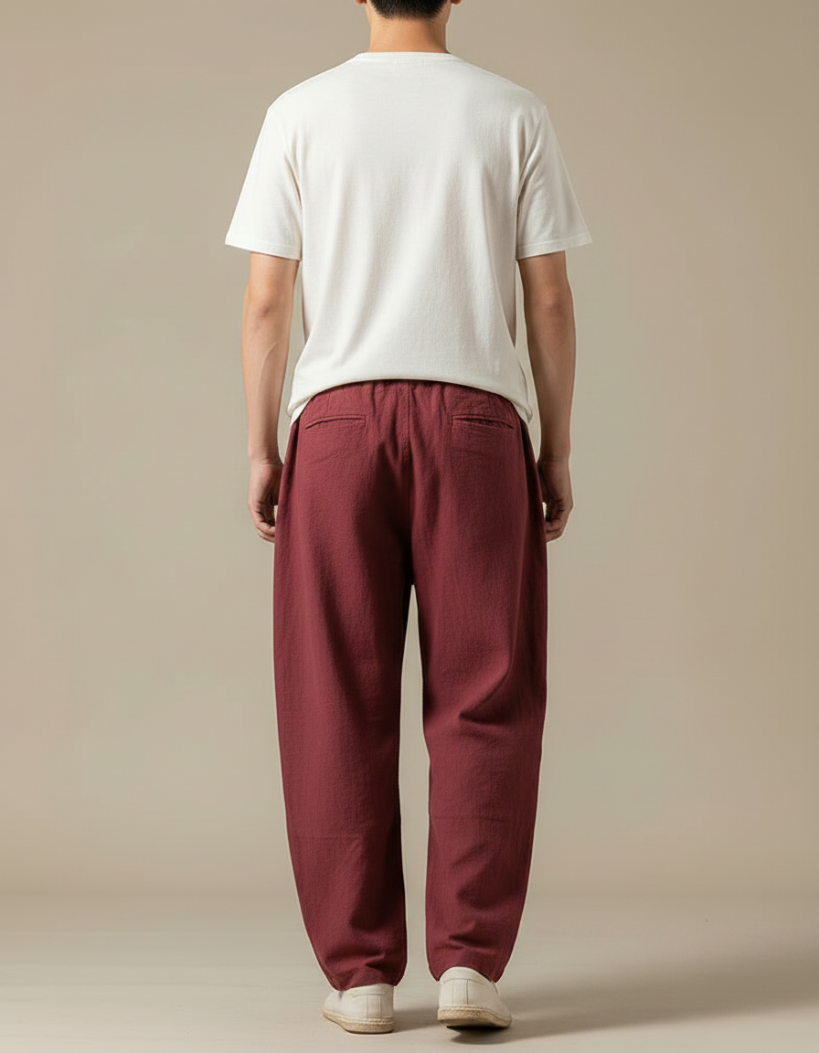 Pantalon Baggy Japonais - Bordeaux Lin - vue 2