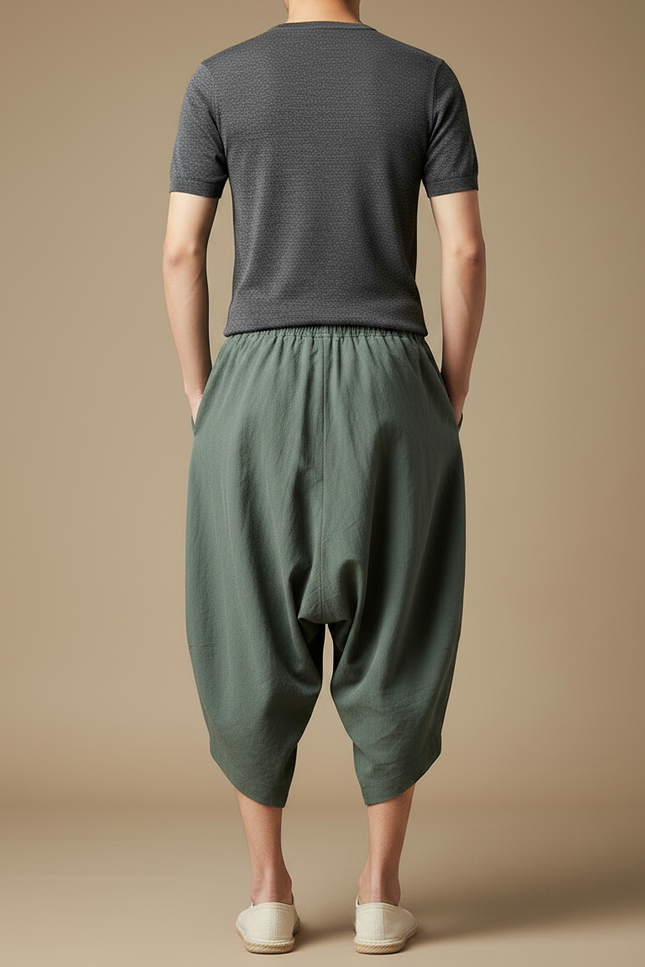 Pantalon Japonais Harem Vert Coton Ample Brodé - vue 2