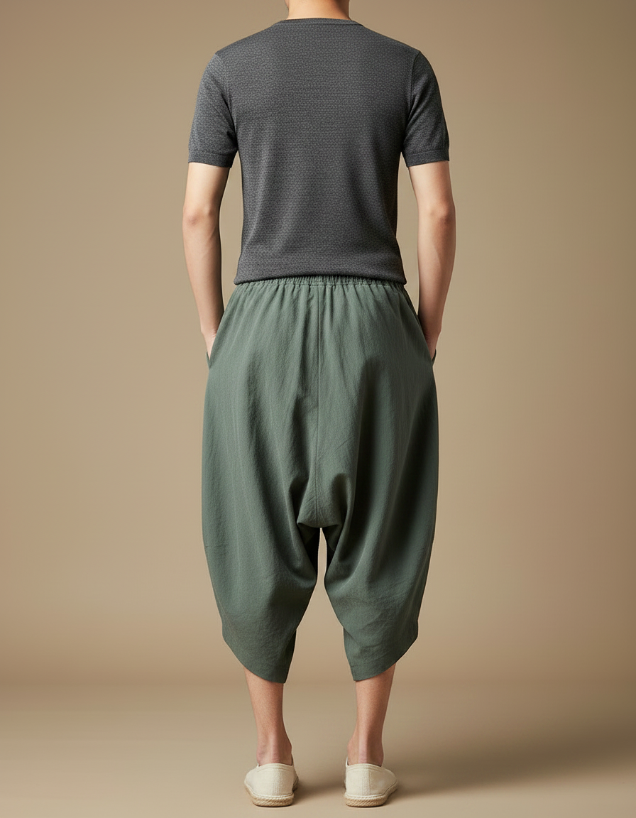 Pantalon Japonais Harem Vert Coton Ample Brodé - vue 2