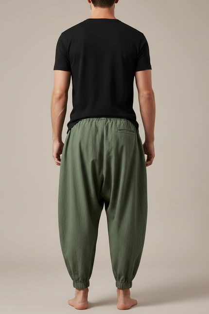 Pantalon Japonais Harem Vert Coton Lin Ample - Kaki - vue 2