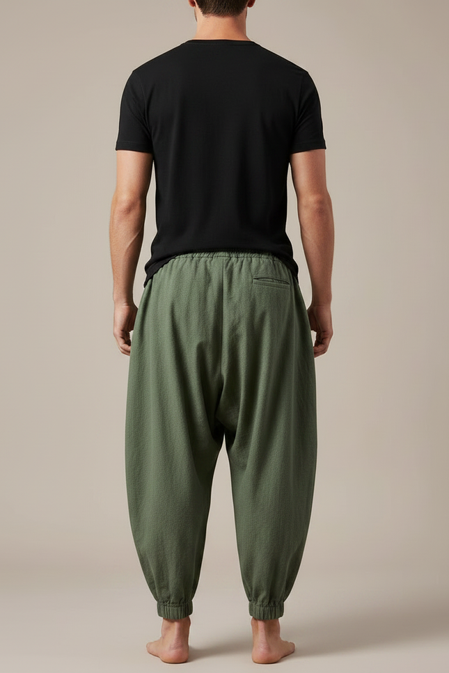 Pantalon Japonais Harem Vert Coton Lin Ample - Kaki - vue 2