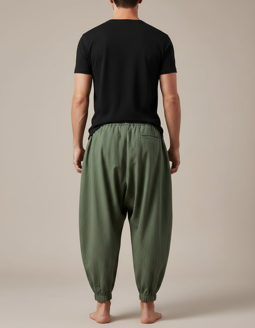 Pantalon Japonais Harem Vert Coton Lin Ample - Kaki - vue 2