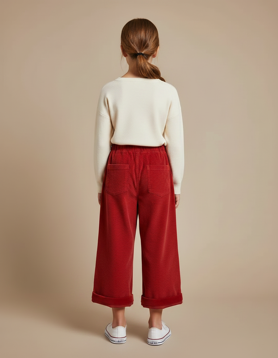 Pantalon Japonais Côtelé Rouge Ample Droit Enfant - Cordé - vue 2