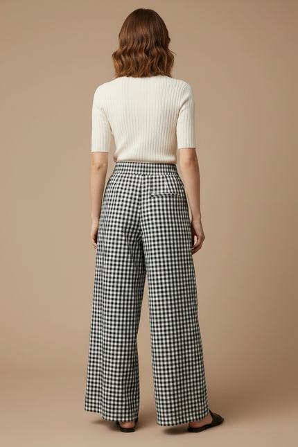 Pantalon Japonais Carreaux Ample Fluide Élégant Femme - Imprimé Viscose - vue 2