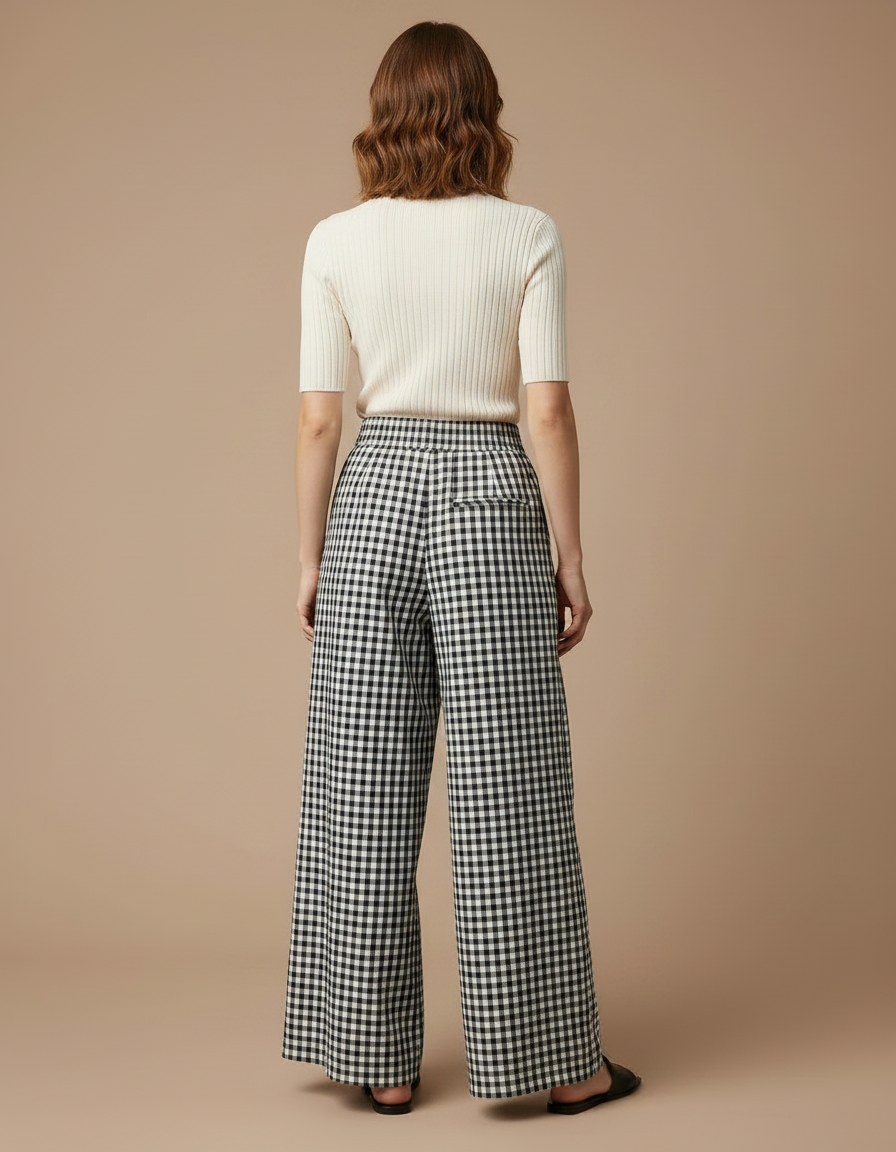 Pantalon Japonais Carreaux Ample Fluide Élégant Femme - Imprimé Viscose - vue 2
