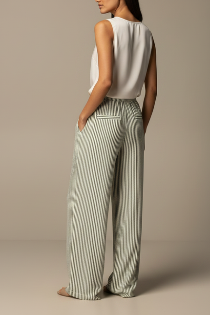 Pantalon Japonais Rayé Ample Vert Cordon Fluide - Lin - vue 2