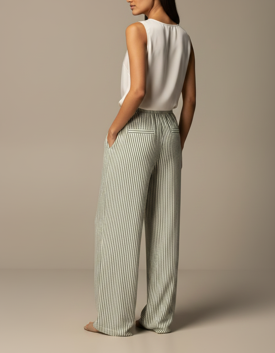 Pantalon Japonais Rayé Ample Vert Cordon Fluide - Lin - vue 2