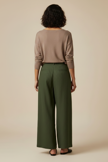 Pantalon Japonais Vert Kaki Ample Plissé Fluide Femme - Lin - vue 2