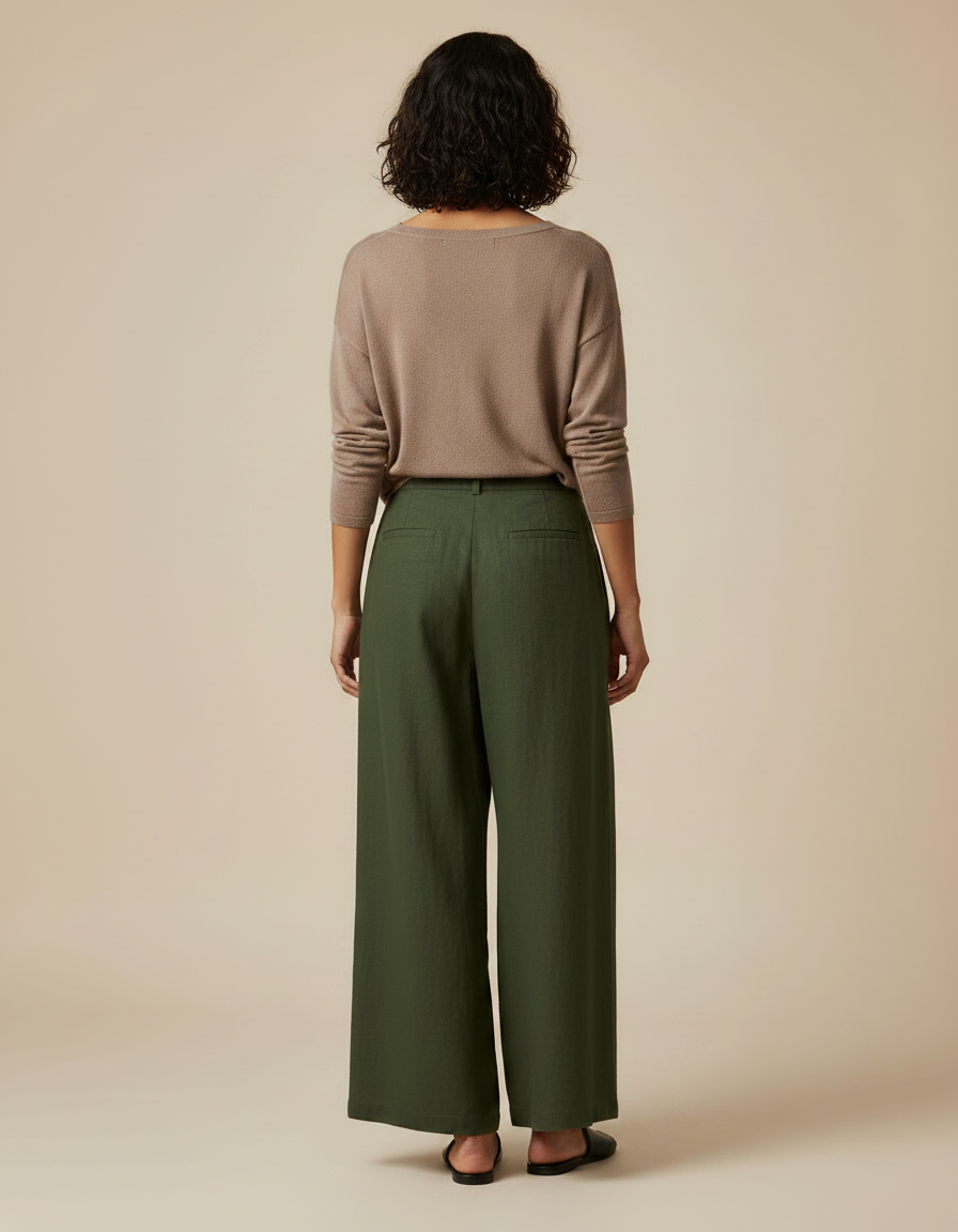 Pantalon Japonais Vert Kaki Ample Plissé Fluide Femme - Lin - vue 2