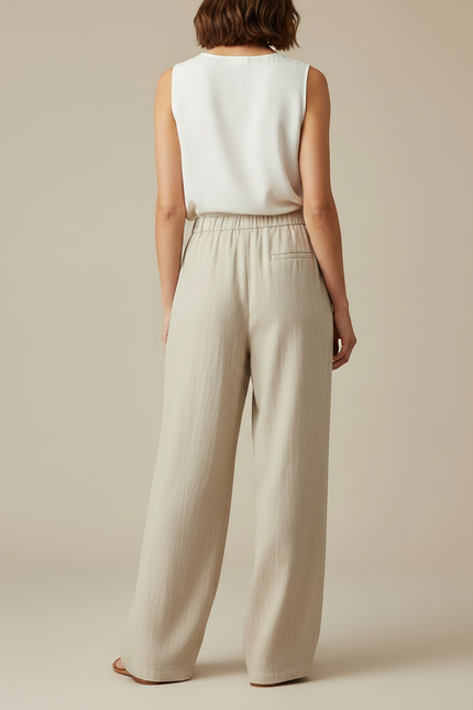 Pantalon Japonais Beige Ample Lin Cordon Fluide - vue 2