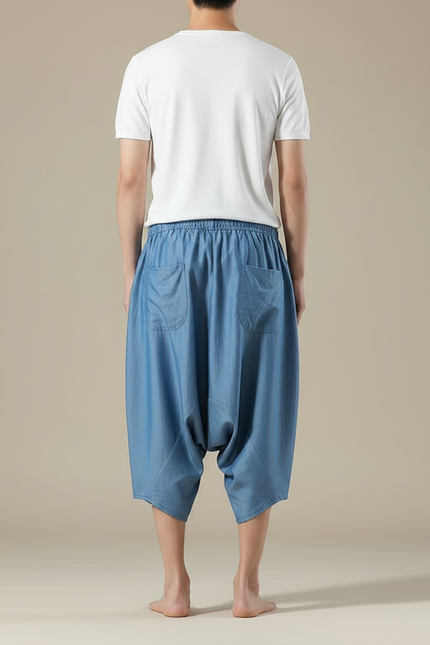 Pantalon Japonais Bleu Sarouel Ample Lin Décontracté - vue 2