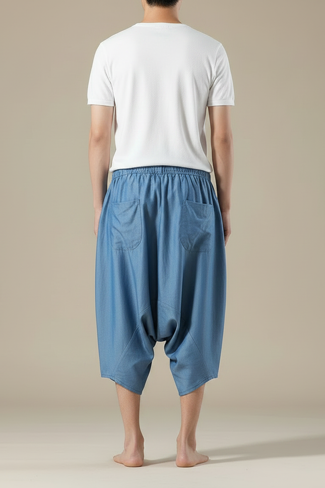 Pantalon Japonais Bleu Sarouel Ample Lin Décontracté - vue 2