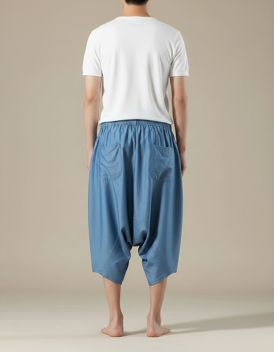 Pantalon Japonais Bleu Sarouel Ample Lin Décontracté - vue 2