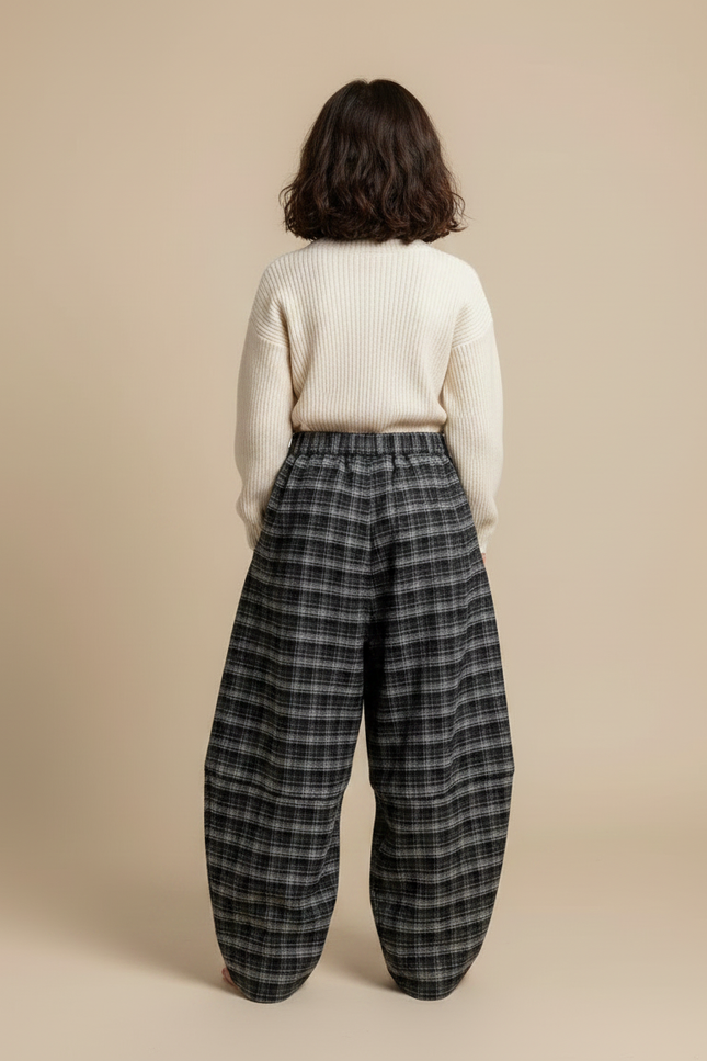 Pantalon Japonais Carreaux Gris Ample Épais Hiver Enfant - Tweed - vue 2