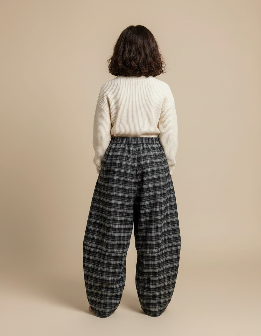 Pantalon Japonais Carreaux Gris Ample Épais Hiver Enfant - Tweed - vue 2