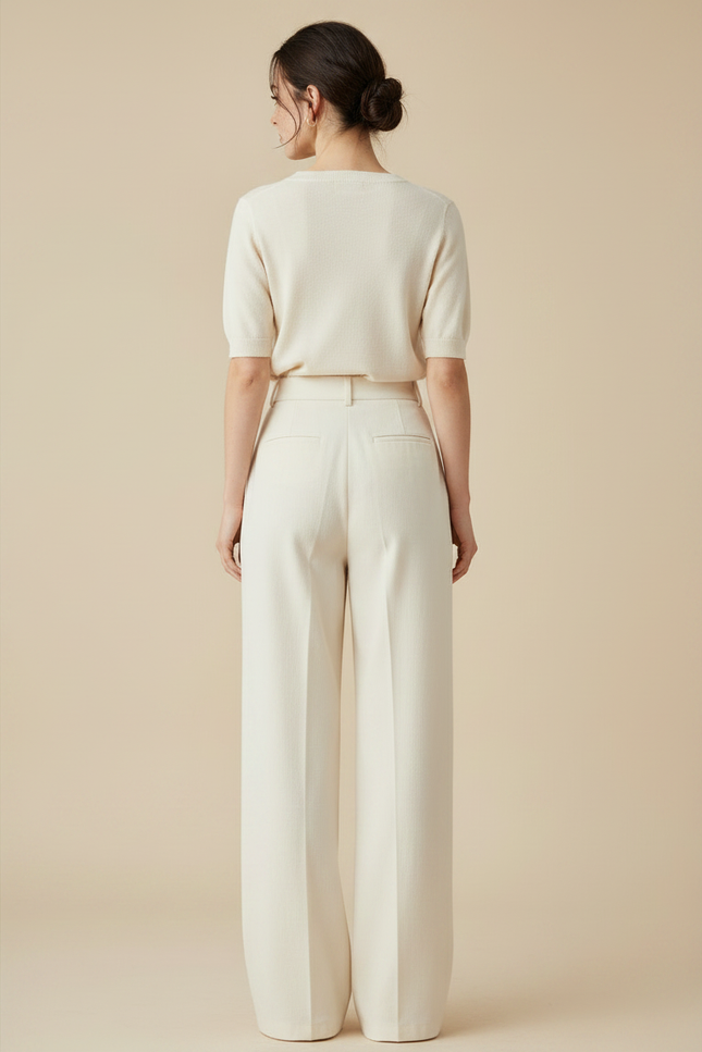 Pantalon Japonais Crème Ample Plissé Élégant Droit - Beige Laine - vue 2
