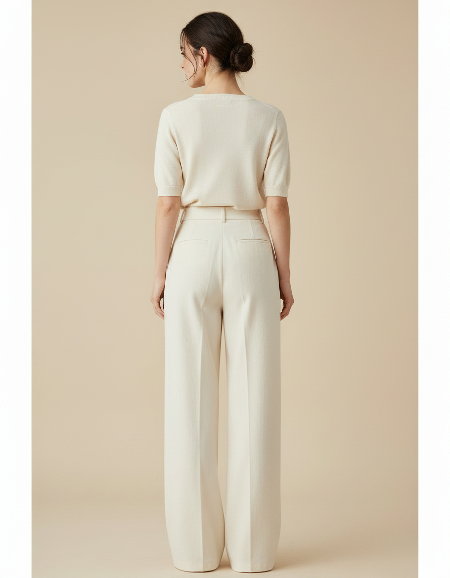 Pantalon Japonais Crème Ample Plissé Élégant Droit - Beige Laine - vue 2