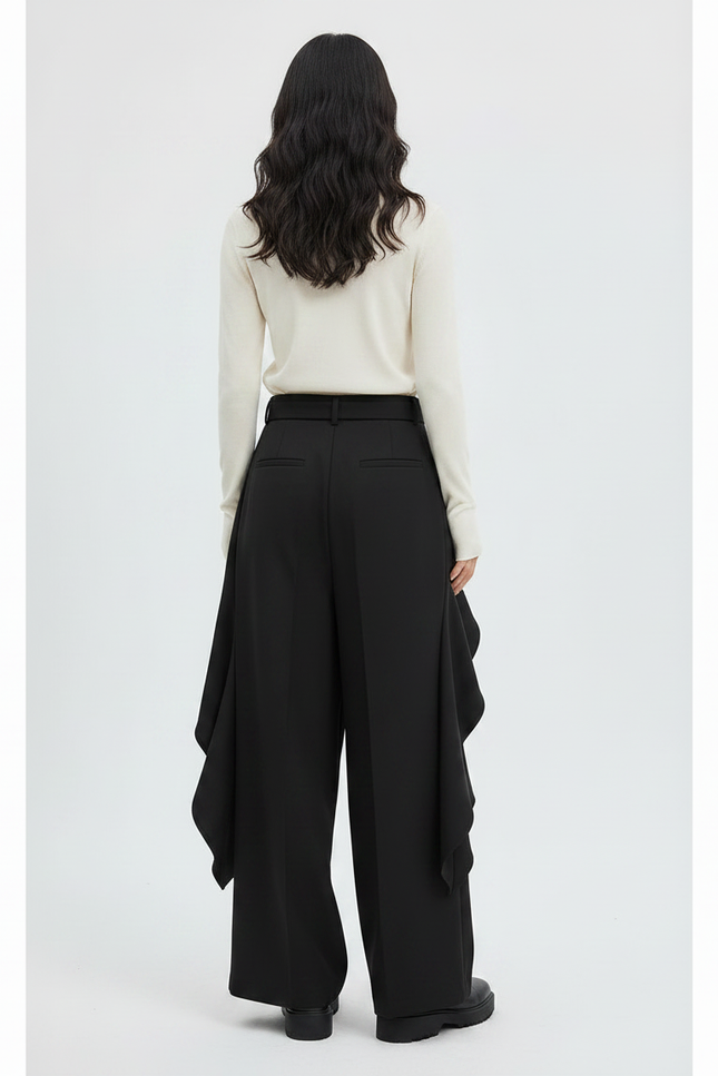 Pantalon Japonais Noir Fluide Asymétrique Large Femme - Polyester - vue 2
