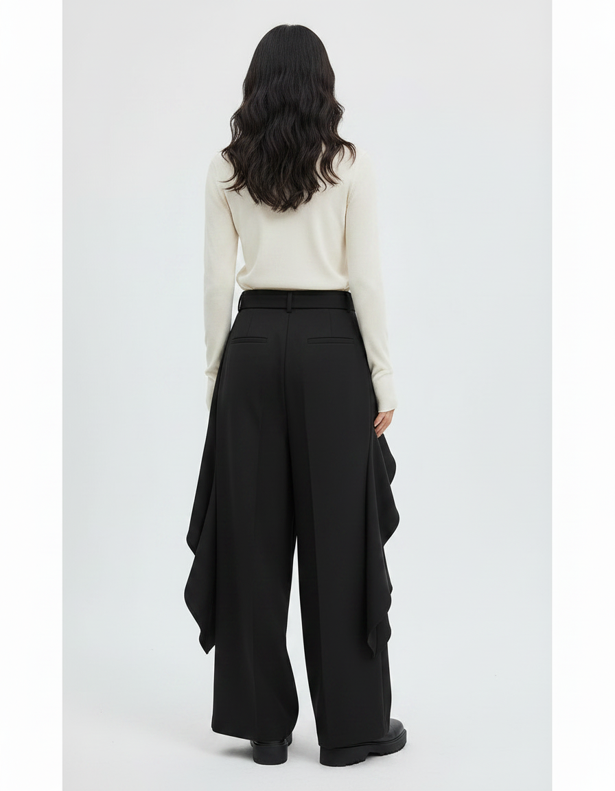 Pantalon Japonais Noir Fluide Asymétrique Large Femme - Polyester - vue 2