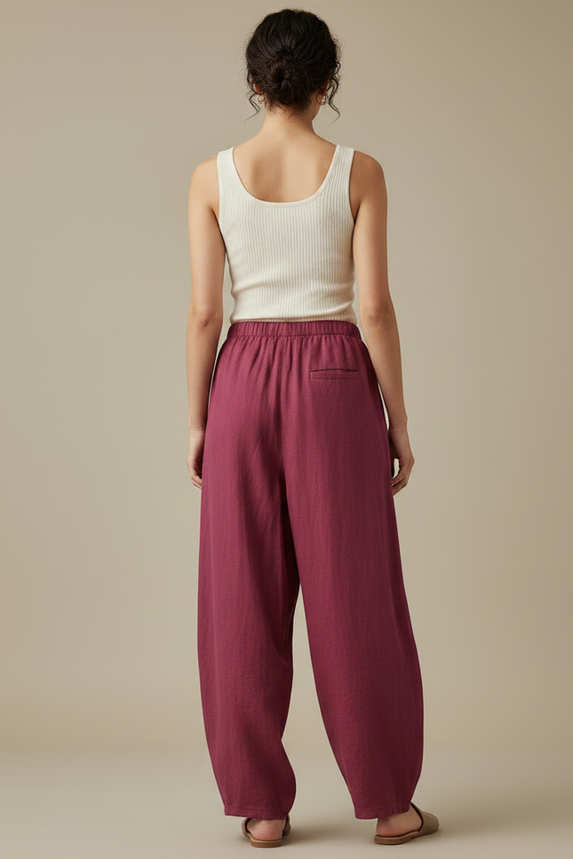 Pantalon Japonais Ample Lin Coton Rouge Fluide - Bordeaux - vue 2