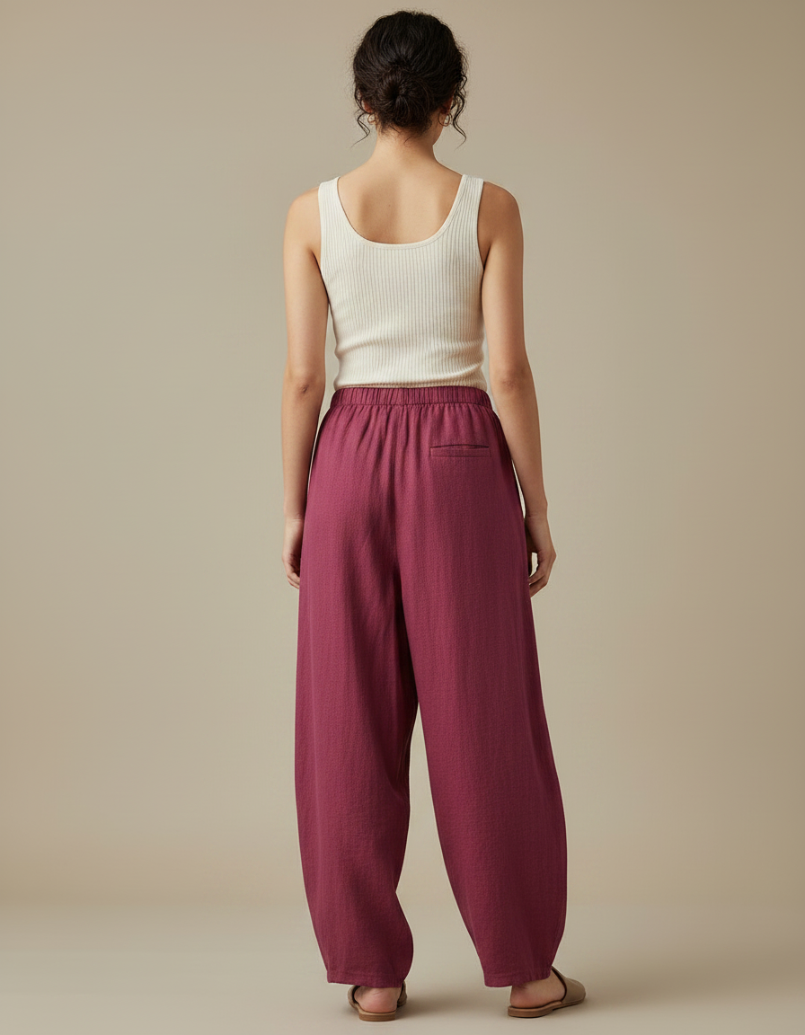 Pantalon Japonais Ample Lin Coton Rouge Fluide - Bordeaux - vue 2