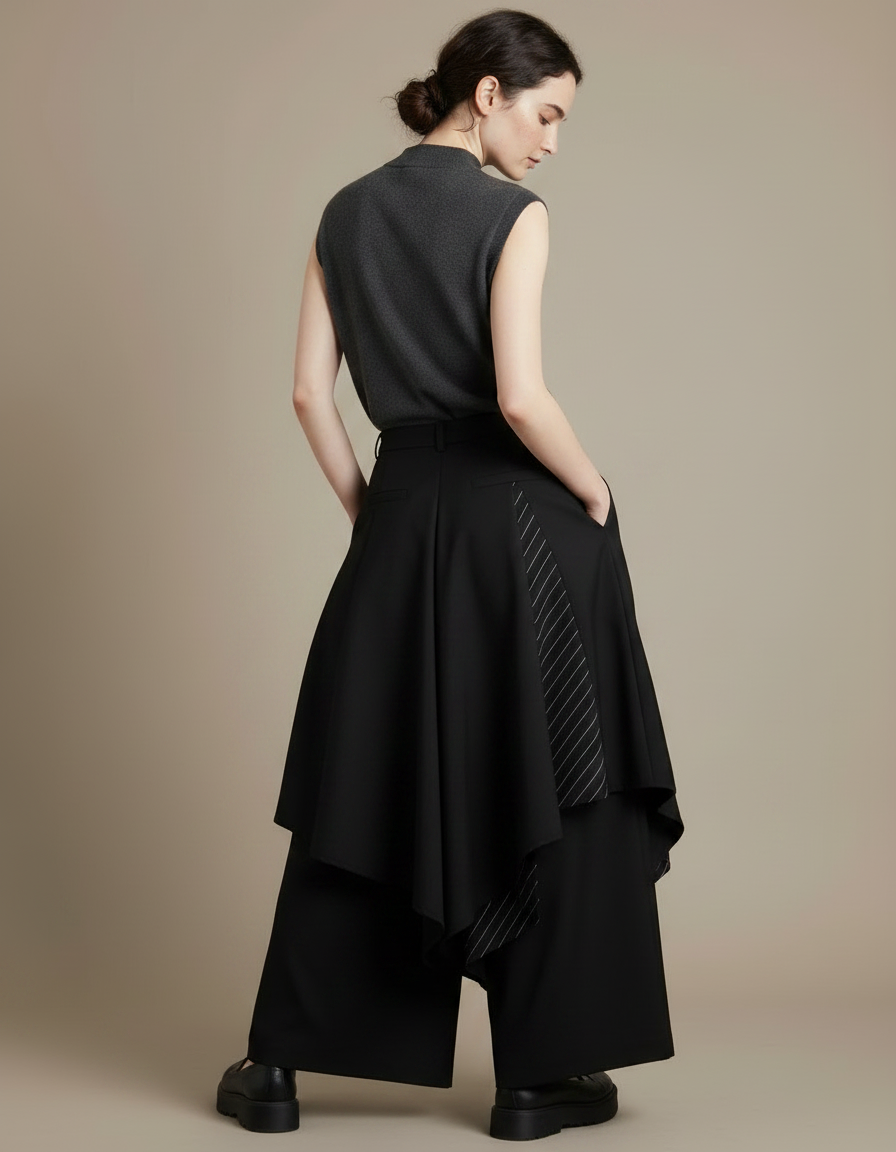 Pantalon Japonais Noir Asymétrique Plissé Rayé Large - Polyester - vue 2