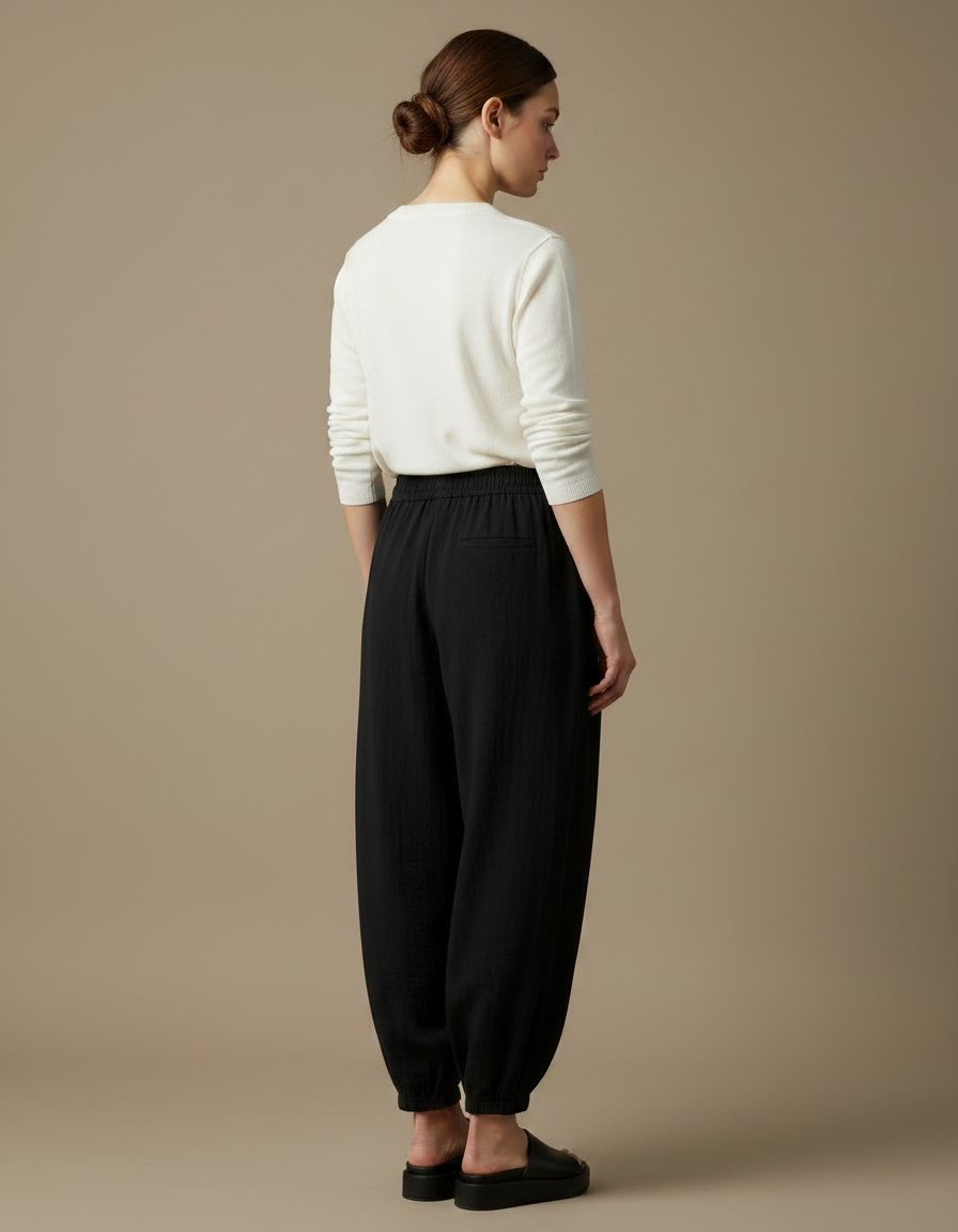 Pantalon Japonais Noir Fluide Ample Décontracté Coton Femme - vue 2