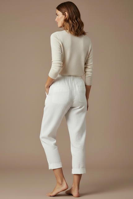 Pantalon Japonais Blanc Coton Lin Ample Décontracté Femme - vue 2