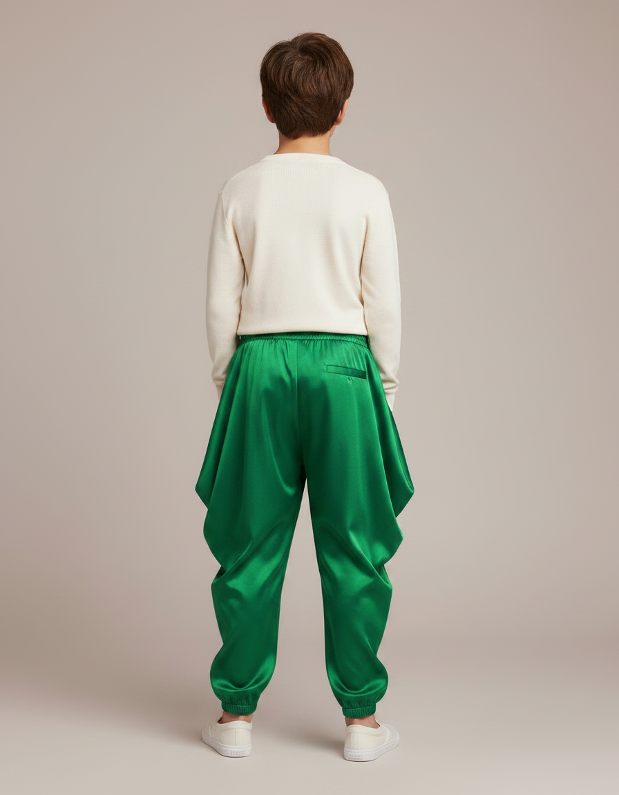 Pantalon Japonais Vert Satin Ample Enfants Fête - vue 2