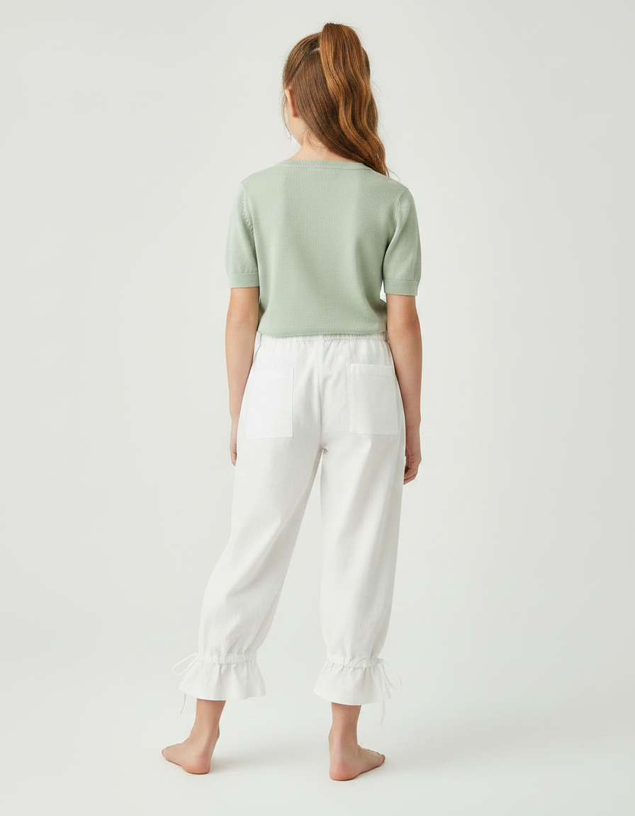 Pantalon Japonais Blanc Fluide Taille Élastique Volants - Lin - vue 2