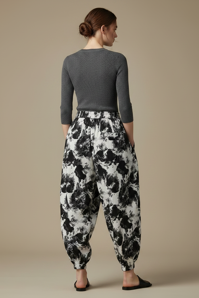 Pantalon Japonais Sarouel Ample Imprimé Abstrait Noir Blanc - Viscose - vue 2