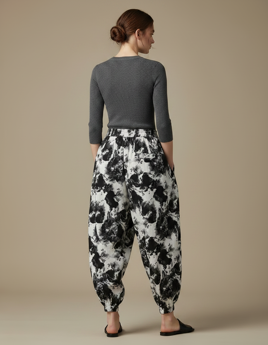 Pantalon Japonais Sarouel Ample Imprimé Abstrait Noir Blanc - Viscose - vue 2