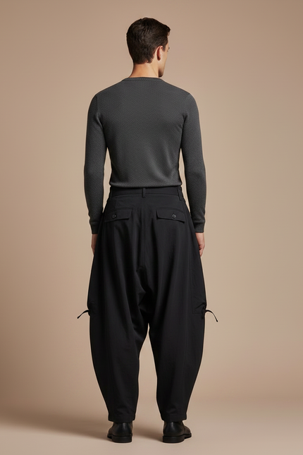 Pantalon Japonais Ample Noir Plissé Décontracté - Polyester - vue 2
