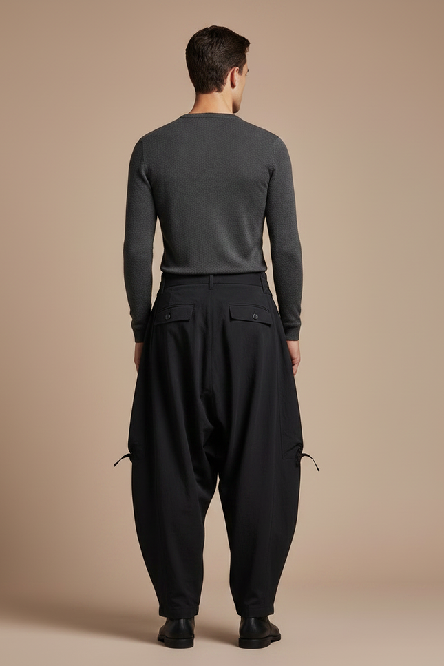 Pantalon Japonais Ample Noir Plissé Décontracté - Polyester - vue 2