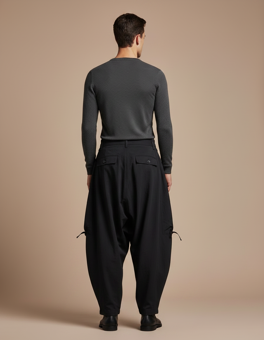Pantalon Japonais Ample Noir Plissé Décontracté - Polyester - vue 2
